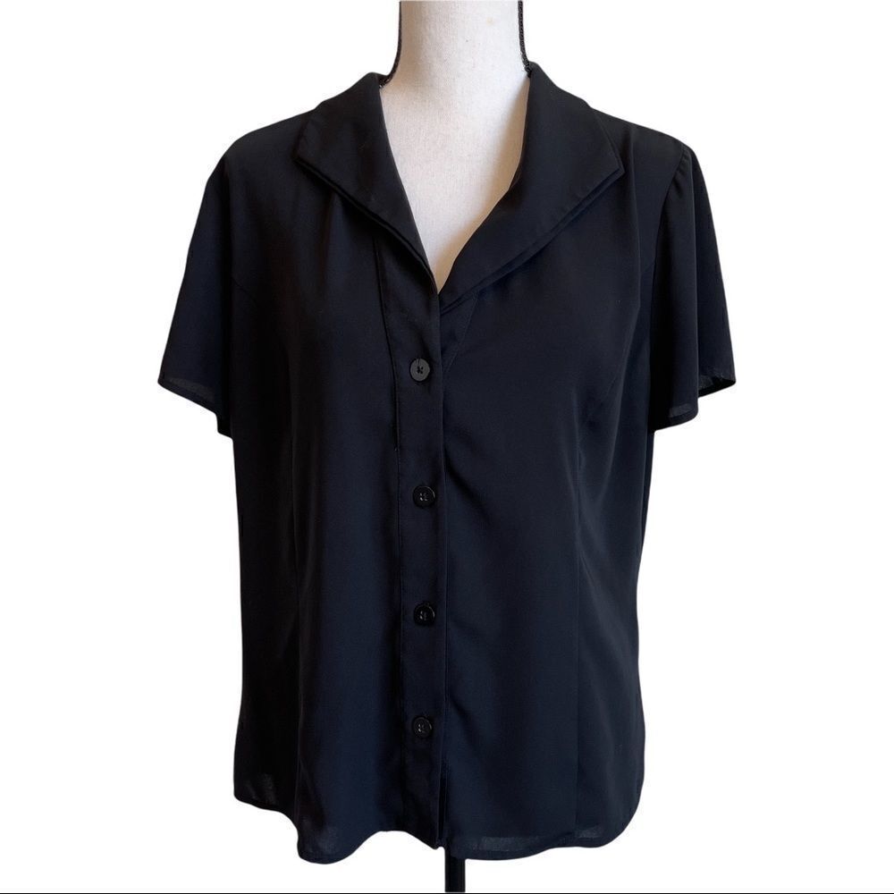 Croft & Barrow Black Collared Silky Polyester‎ Button Front Blouse - Large